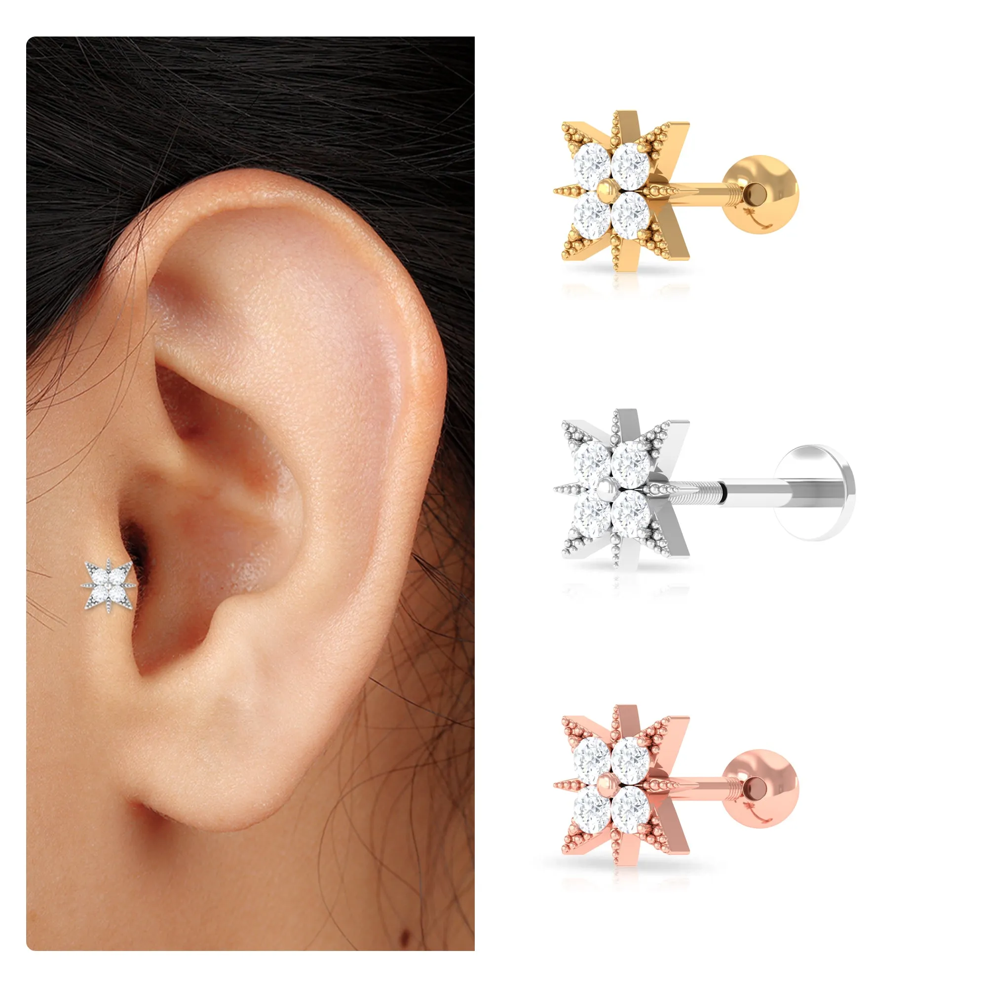 Round Moissanite Starburst Earring for Upper Lobe Piercing