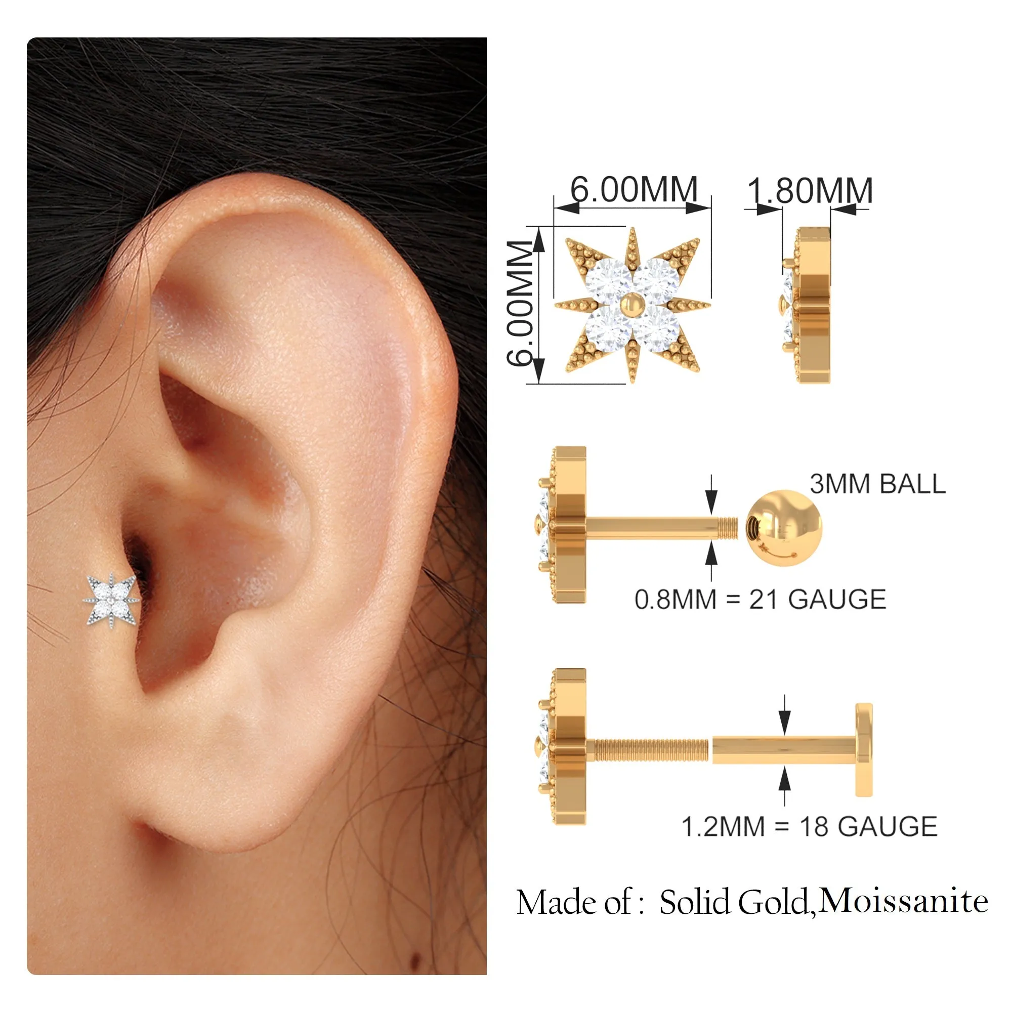 Round Moissanite Starburst Earring for Upper Lobe Piercing