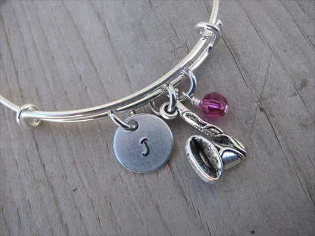 Saxophone Charm Bracelet- Adjustable Bangle Bracelet with an Initial Charm and an Accent Bead of your choice