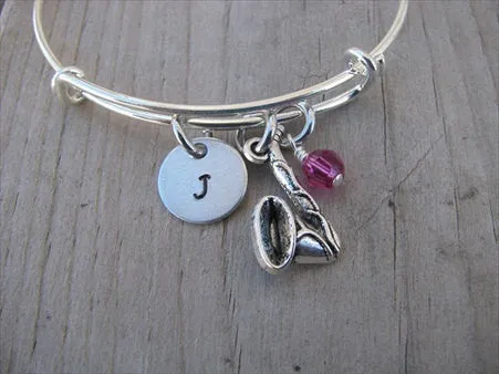 Saxophone Charm Bracelet- Adjustable Bangle Bracelet with an Initial Charm and an Accent Bead of your choice