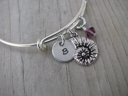 Seashell Charm Bracelet- Adjustable Bangle Bracelet with an Initial Charm and an Accent Bead of your choice
