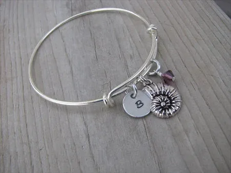 Seashell Charm Bracelet- Adjustable Bangle Bracelet with an Initial Charm and an Accent Bead of your choice