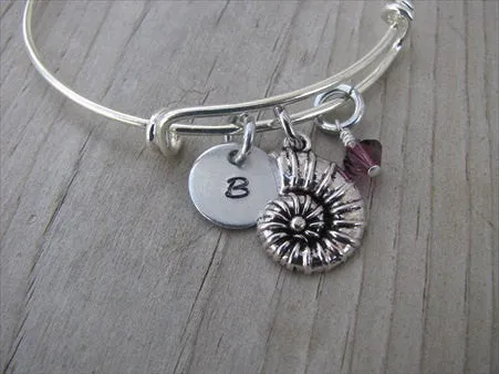 Seashell Charm Bracelet- Adjustable Bangle Bracelet with an Initial Charm and an Accent Bead of your choice