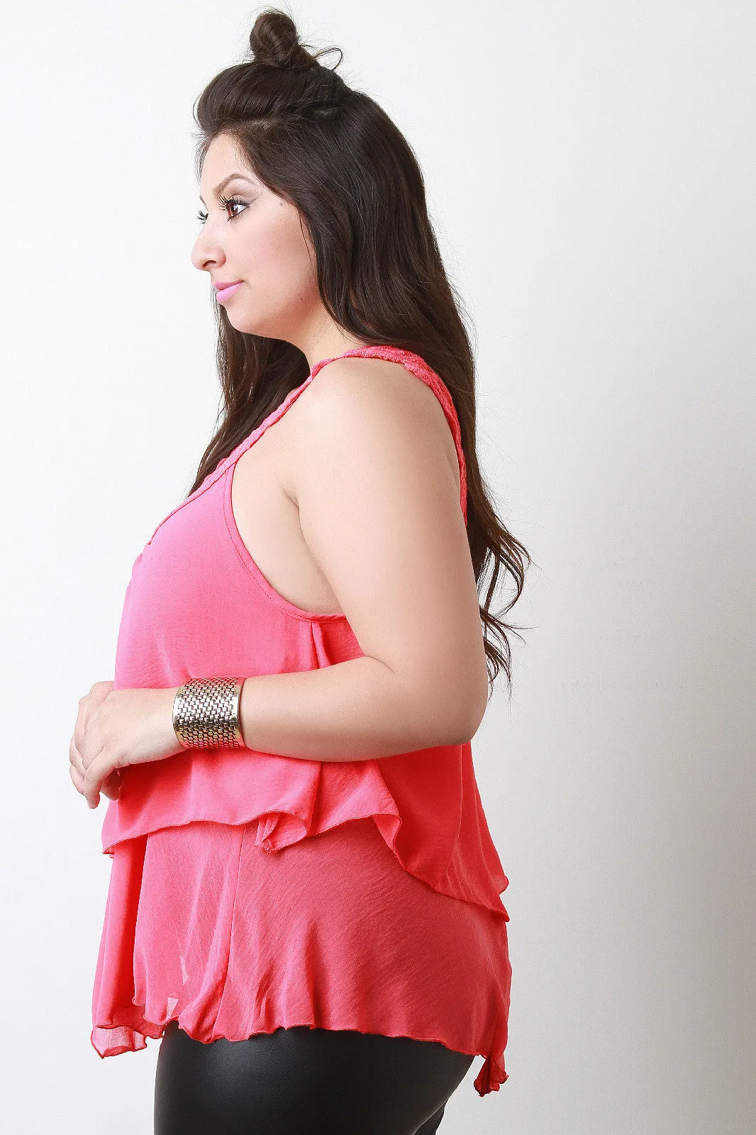 Sleeveless Crochet Trim Tiered Top
