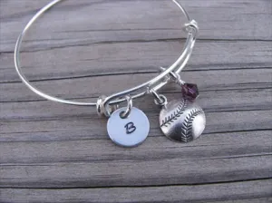 Softball/Baseball Charm Bracelet- Adjustable Bangle Bracelet with an Initial Charm and an Accent Bead of your choice