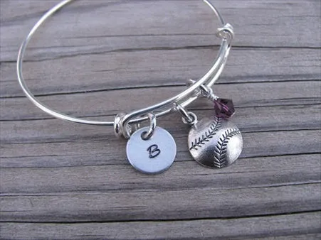 Softball/Baseball Charm Bracelet- Adjustable Bangle Bracelet with an Initial Charm and an Accent Bead of your choice