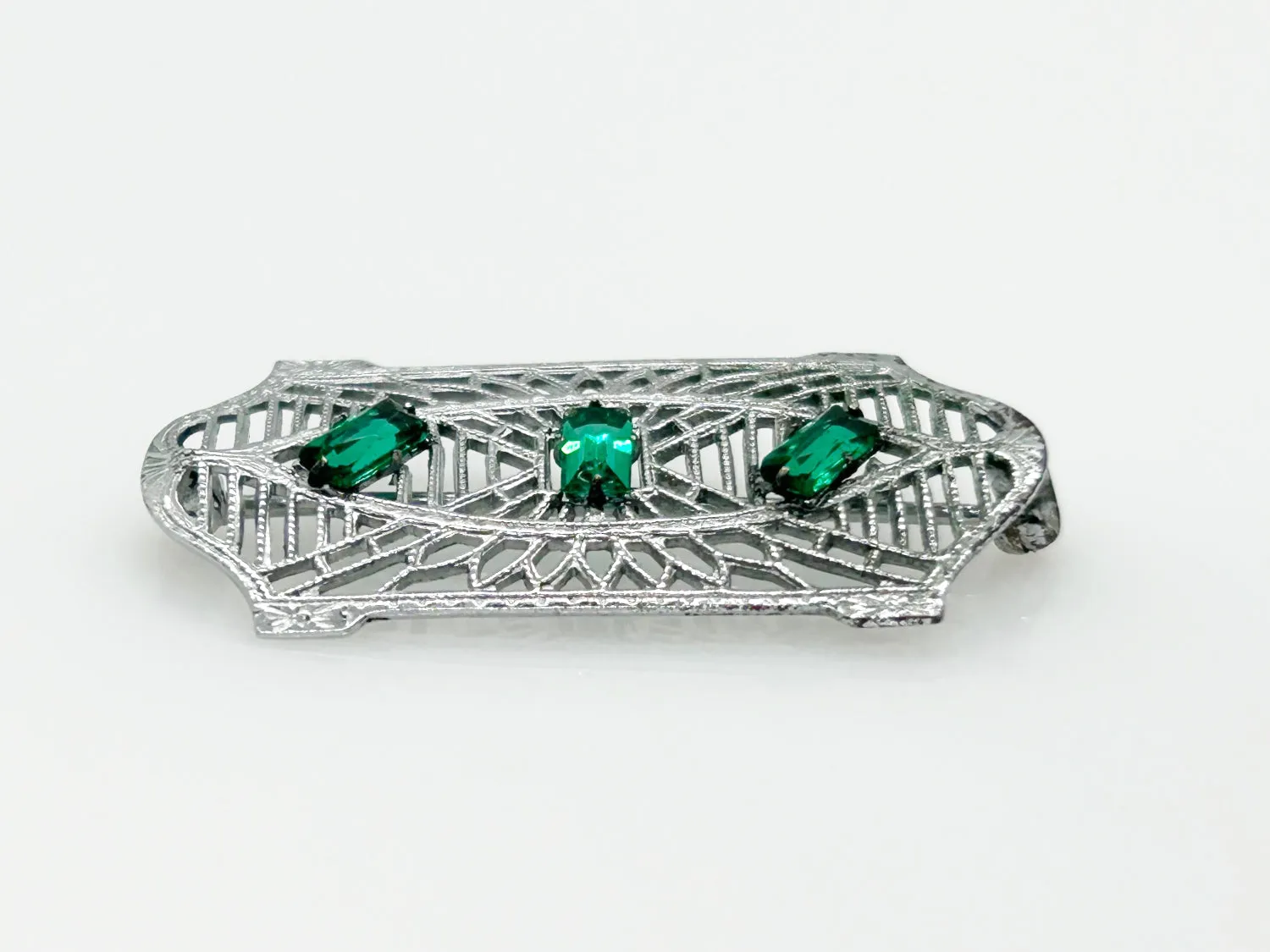 Subtle Vintage Art Deco Bar Pin with Green Stones
