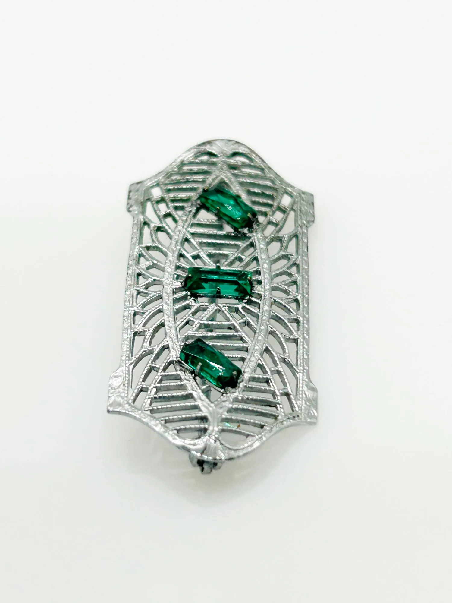 Subtle Vintage Art Deco Bar Pin with Green Stones