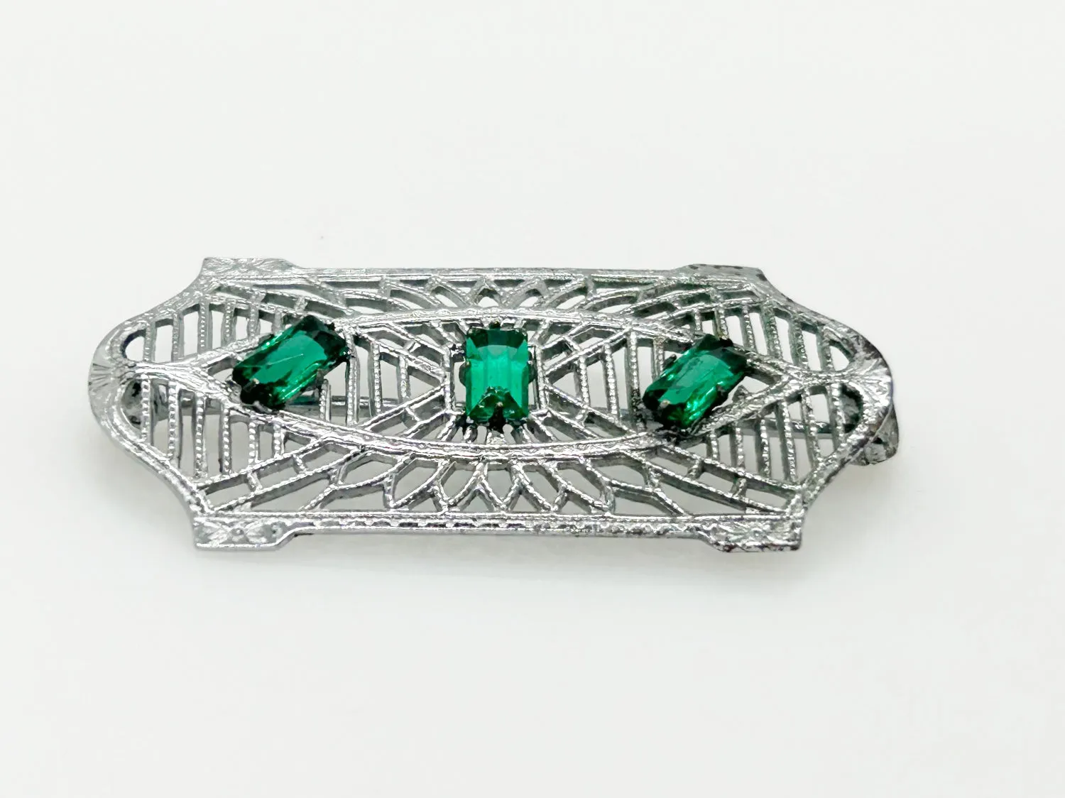 Subtle Vintage Art Deco Bar Pin with Green Stones