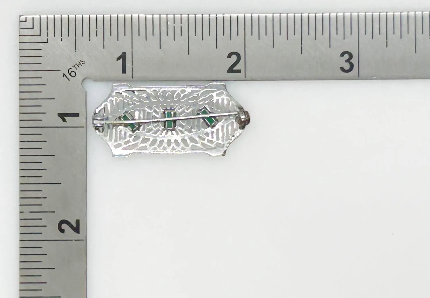Subtle Vintage Art Deco Bar Pin with Green Stones