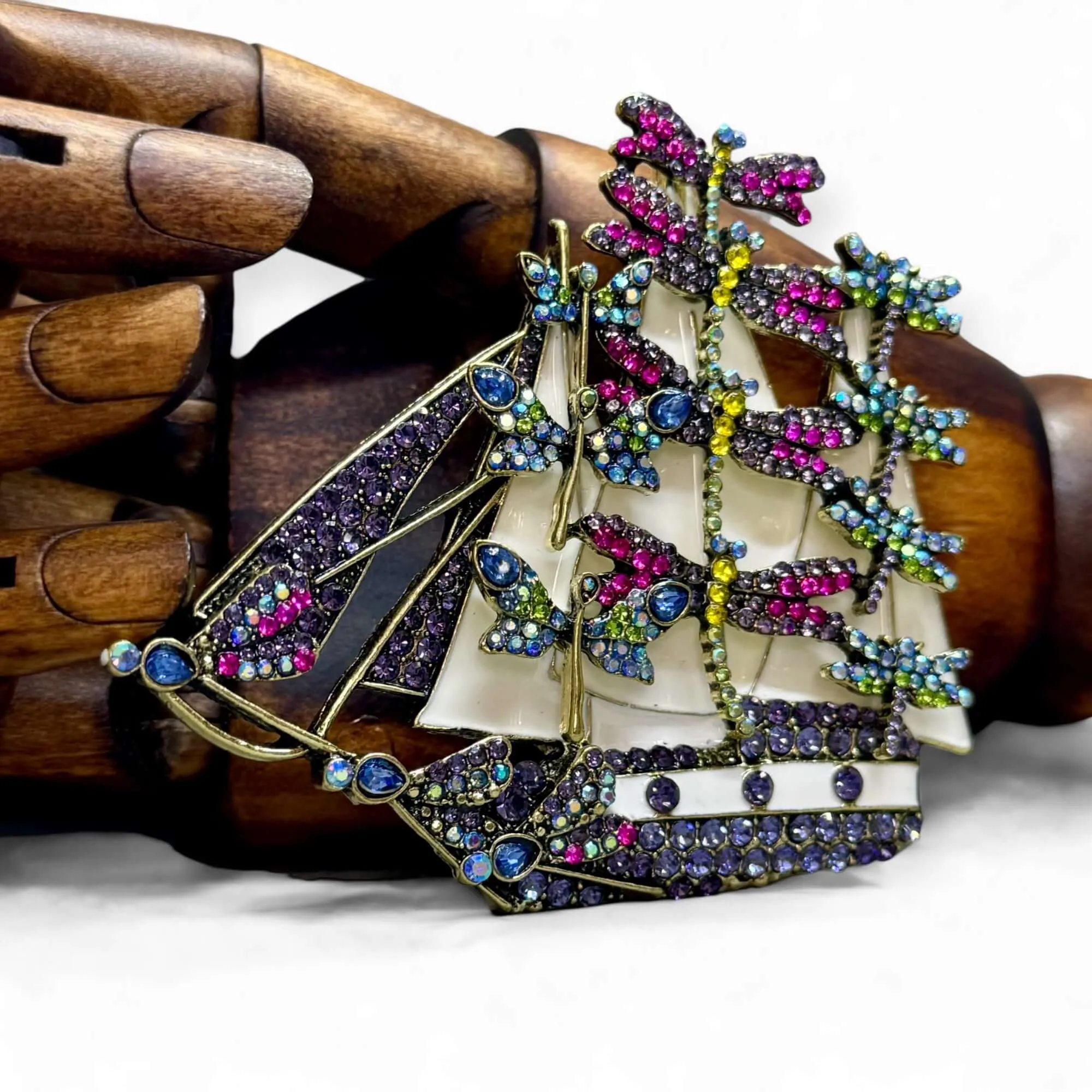 The Dragonfly Yacht - Statement Sailing Ship Crystal Brooch