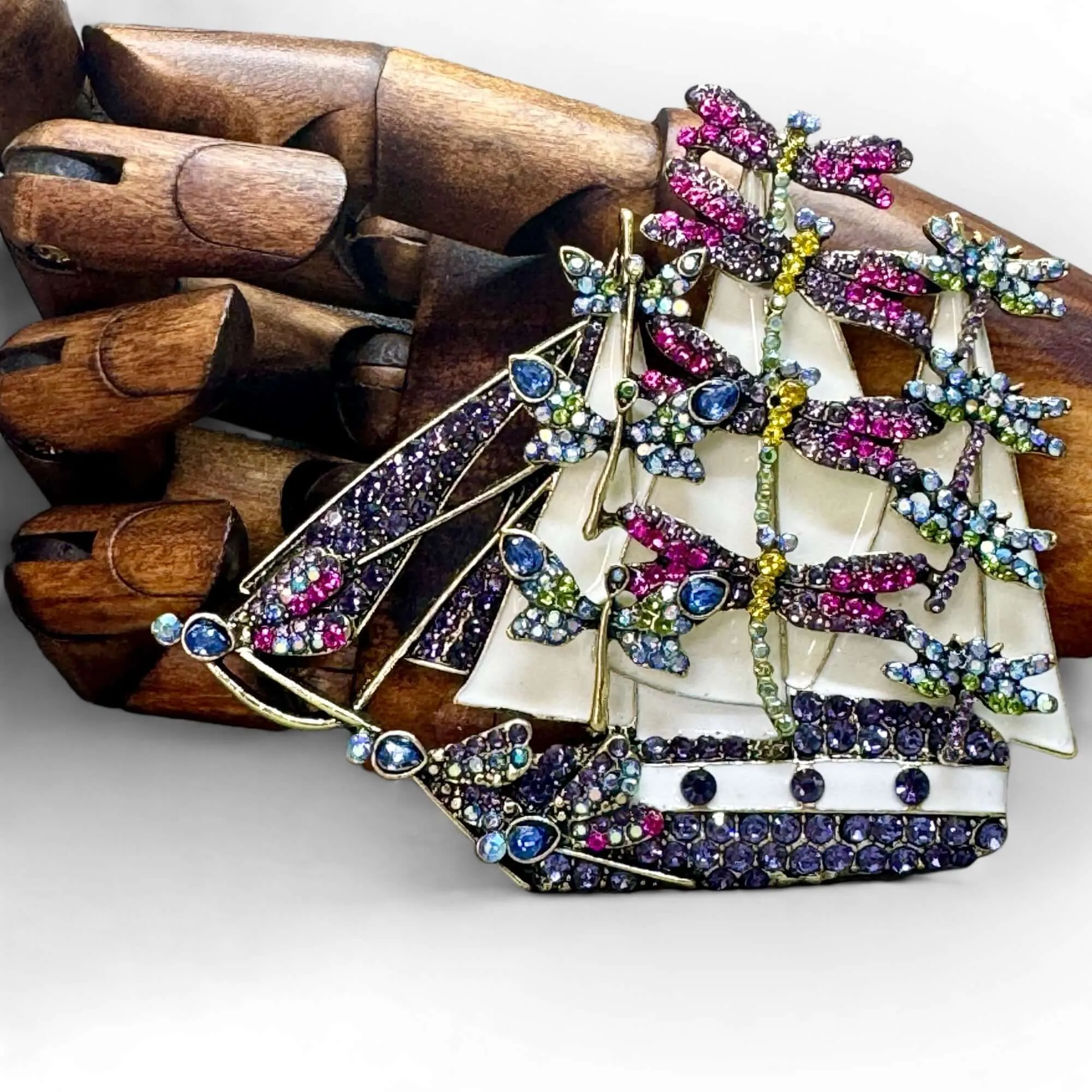 The Dragonfly Yacht - Statement Sailing Ship Crystal Brooch