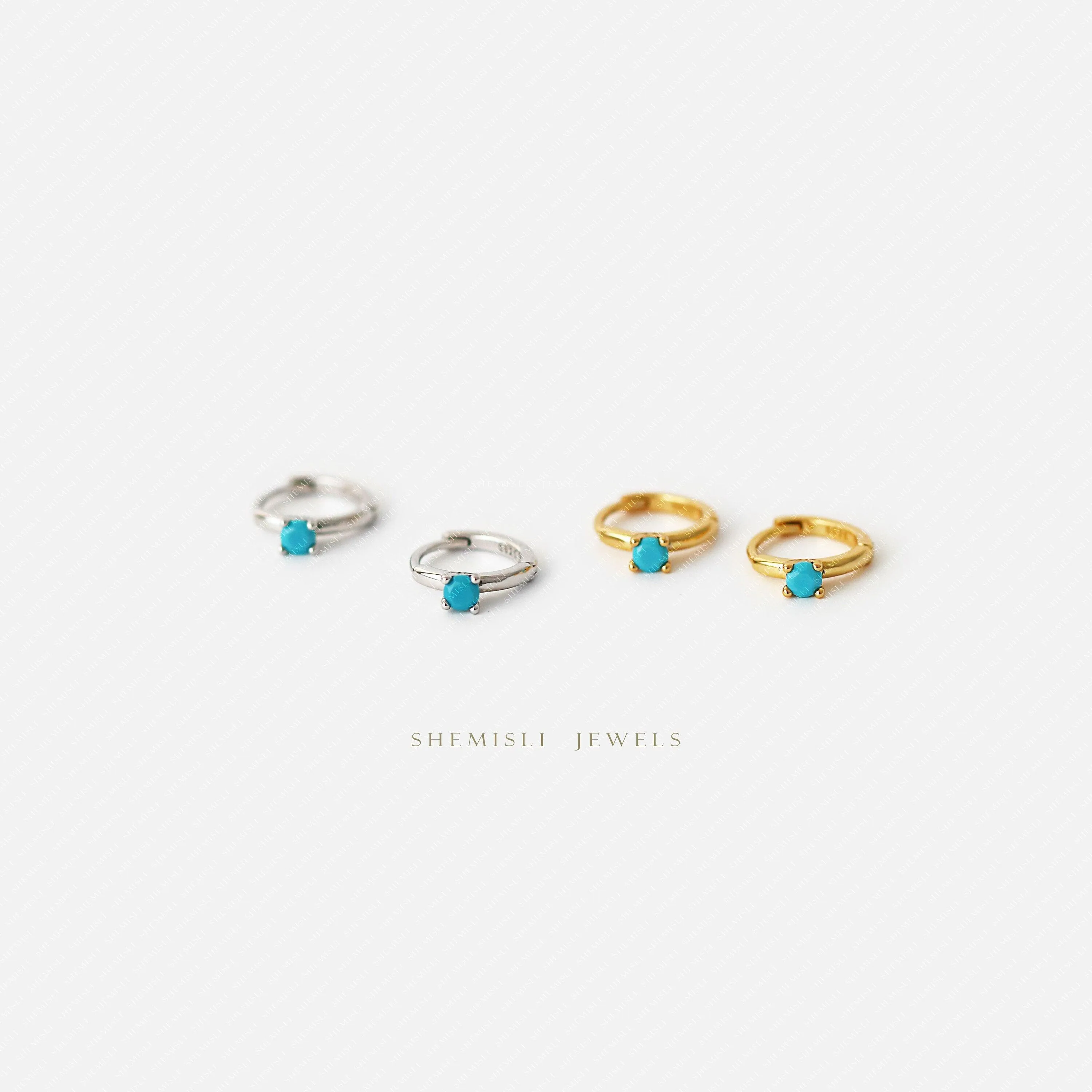 Tiny Turquoise CZ Stone Helix Hoop Earrings, Gold, Silver SHEMISLI SH636, SH637, SH638, SH639
