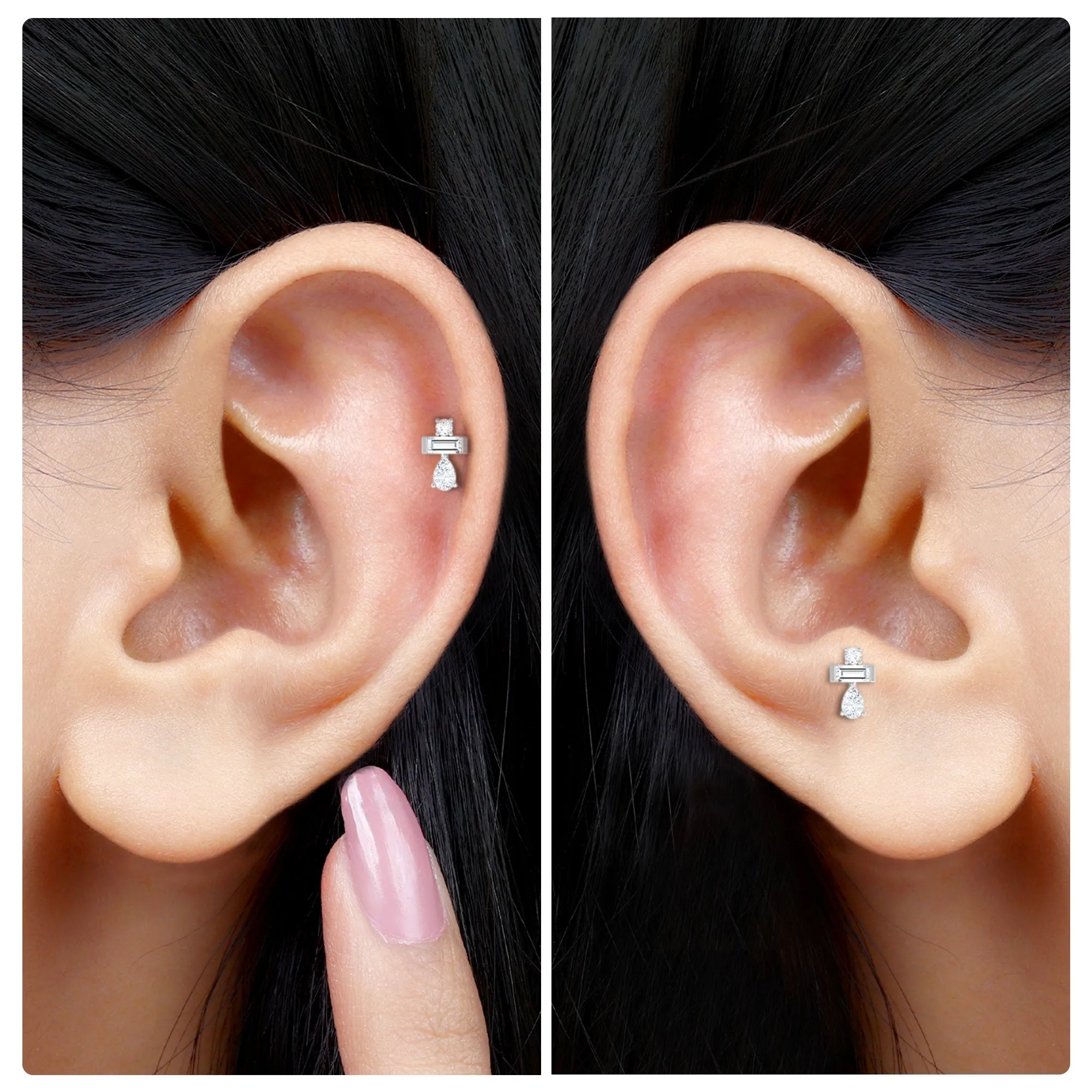 Unique Moissanite Three Stone Cluster Tragus Earring