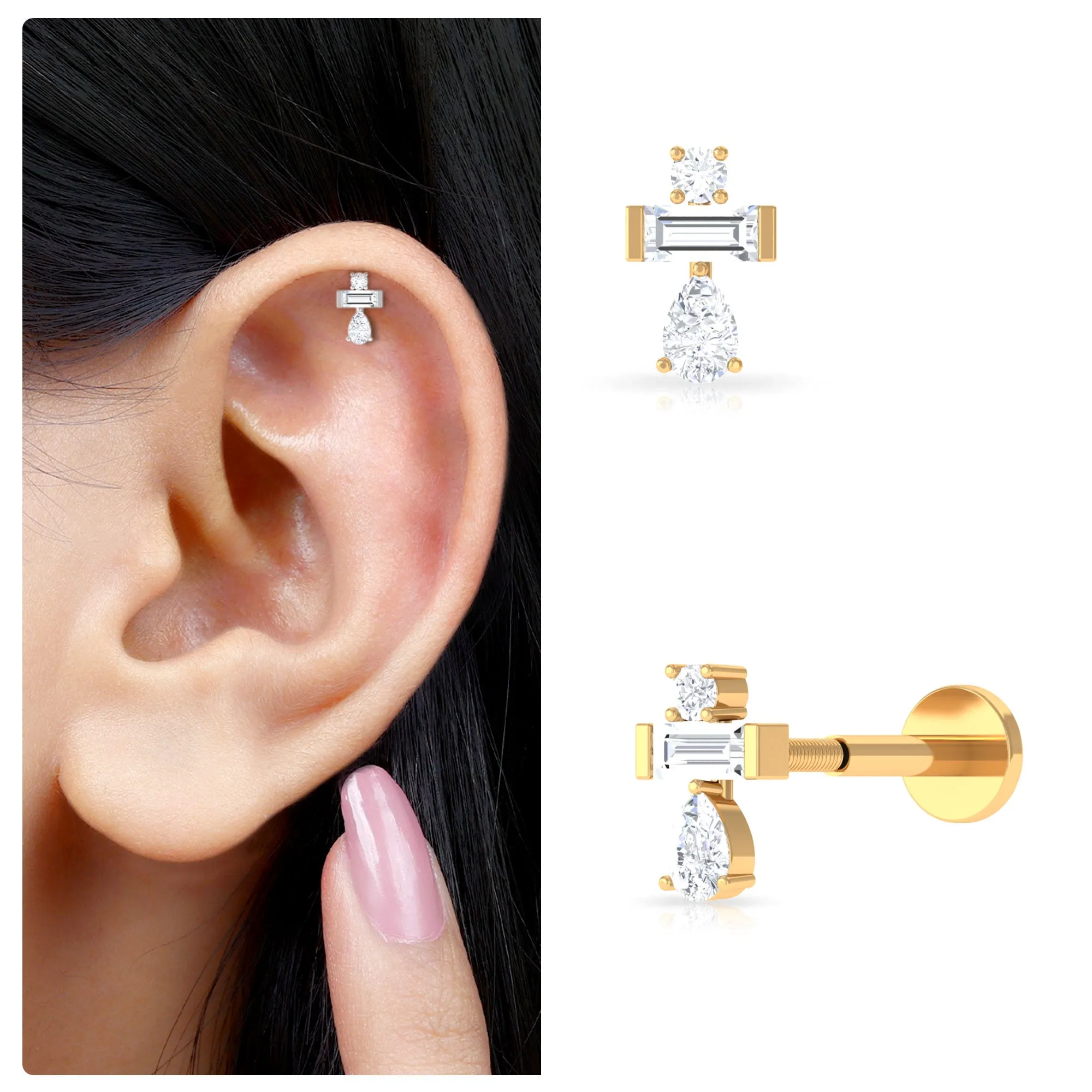 Unique Moissanite Three Stone Cluster Tragus Earring