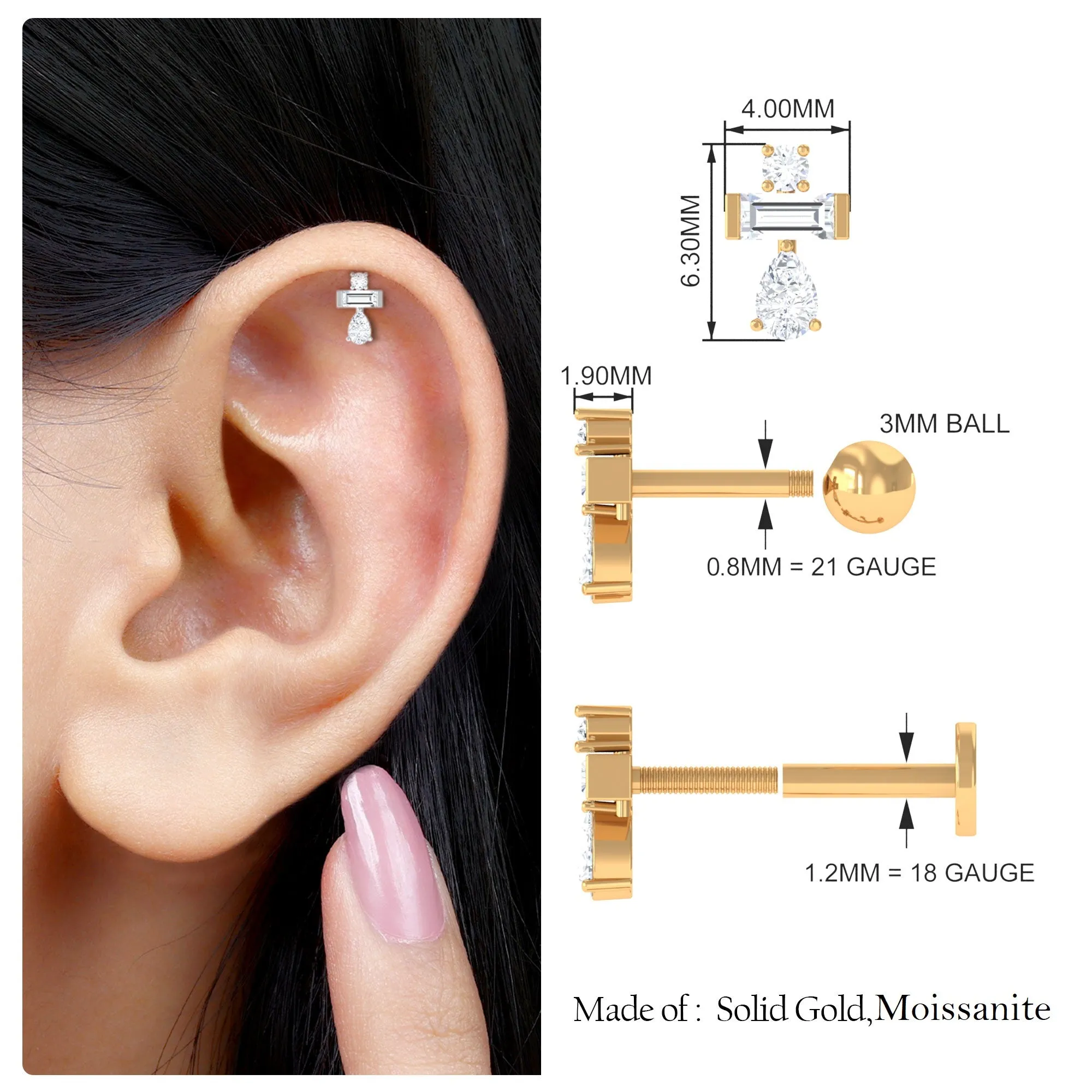 Unique Moissanite Three Stone Cluster Tragus Earring