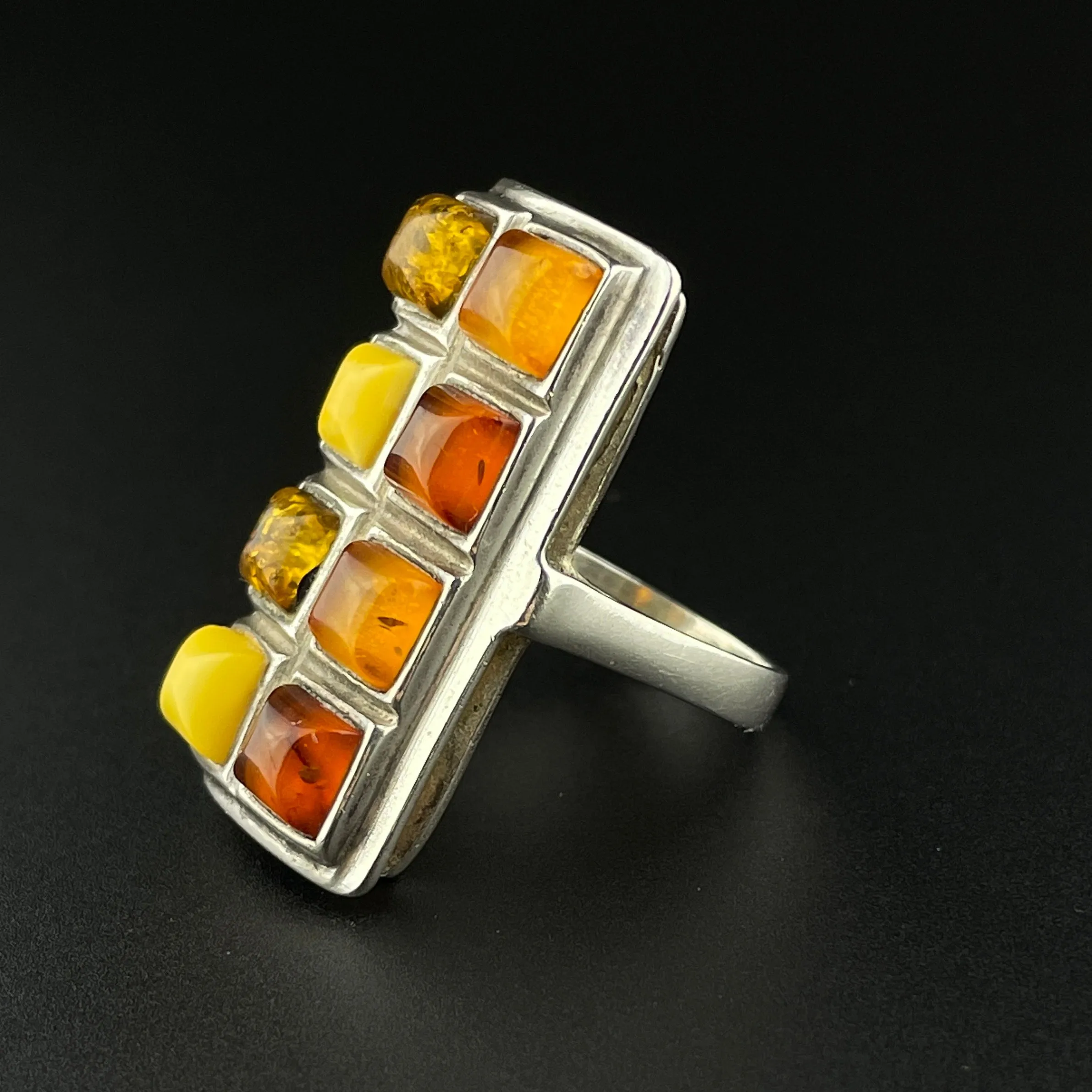 Vintage Silver Baltic Butterscotch Amber Statement Ring, Sz 5 3/4
