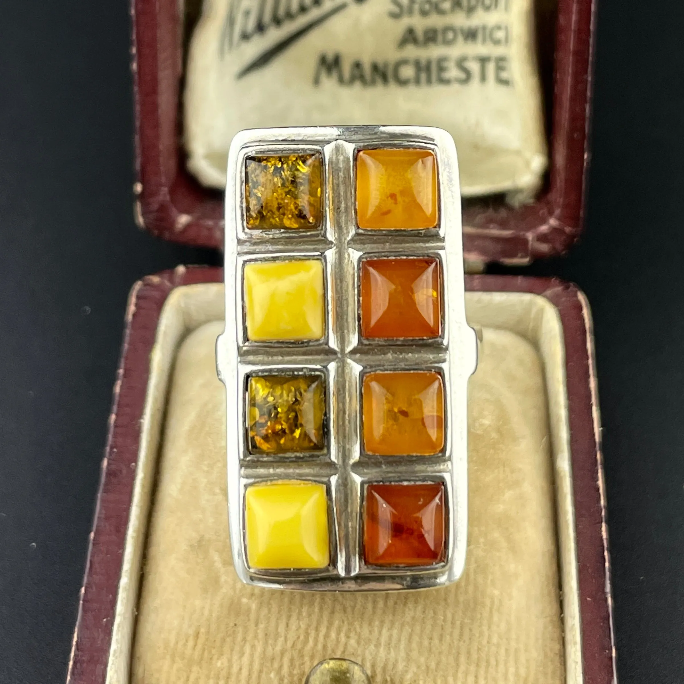 Vintage Silver Baltic Butterscotch Amber Statement Ring, Sz 5 3/4