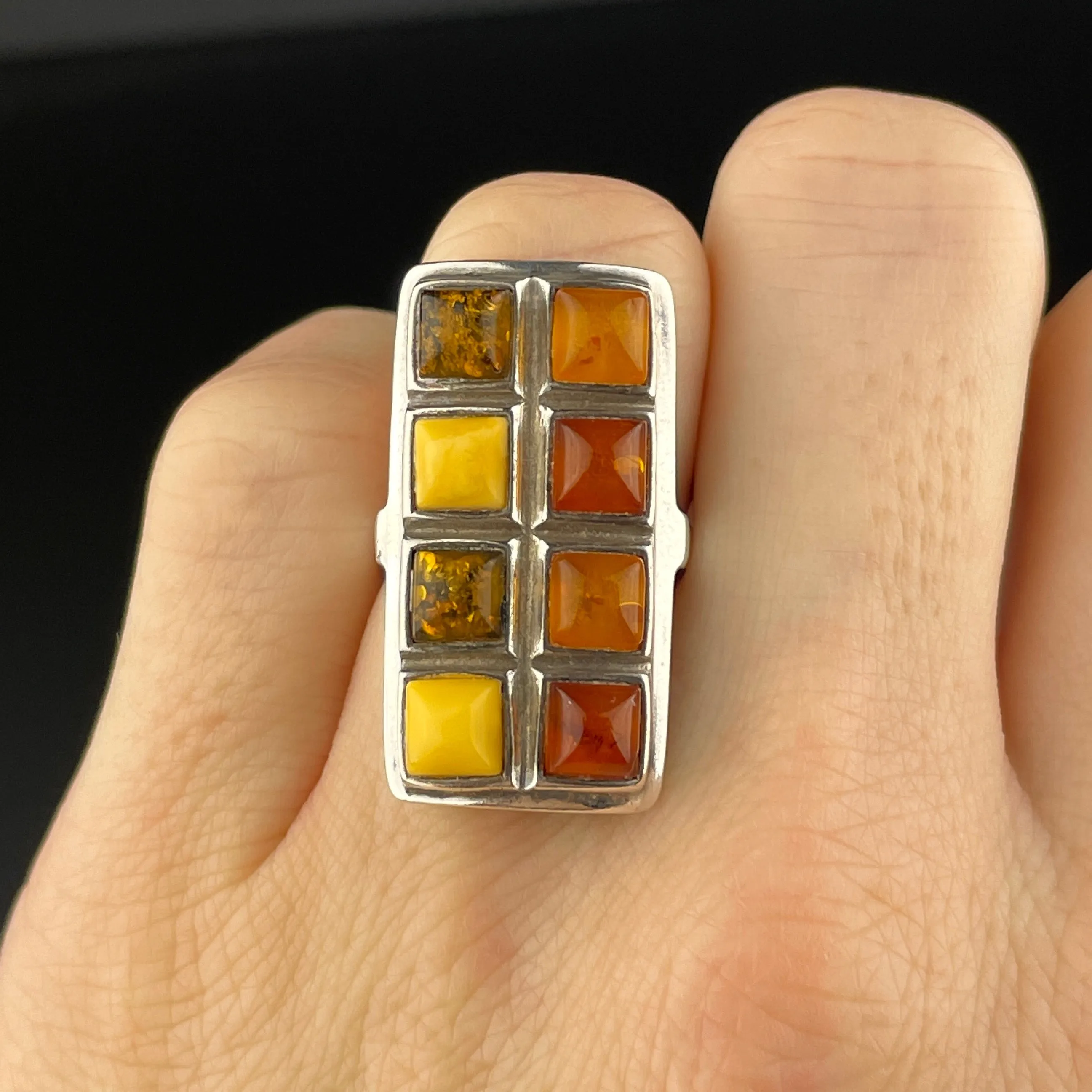Vintage Silver Baltic Butterscotch Amber Statement Ring, Sz 5 3/4