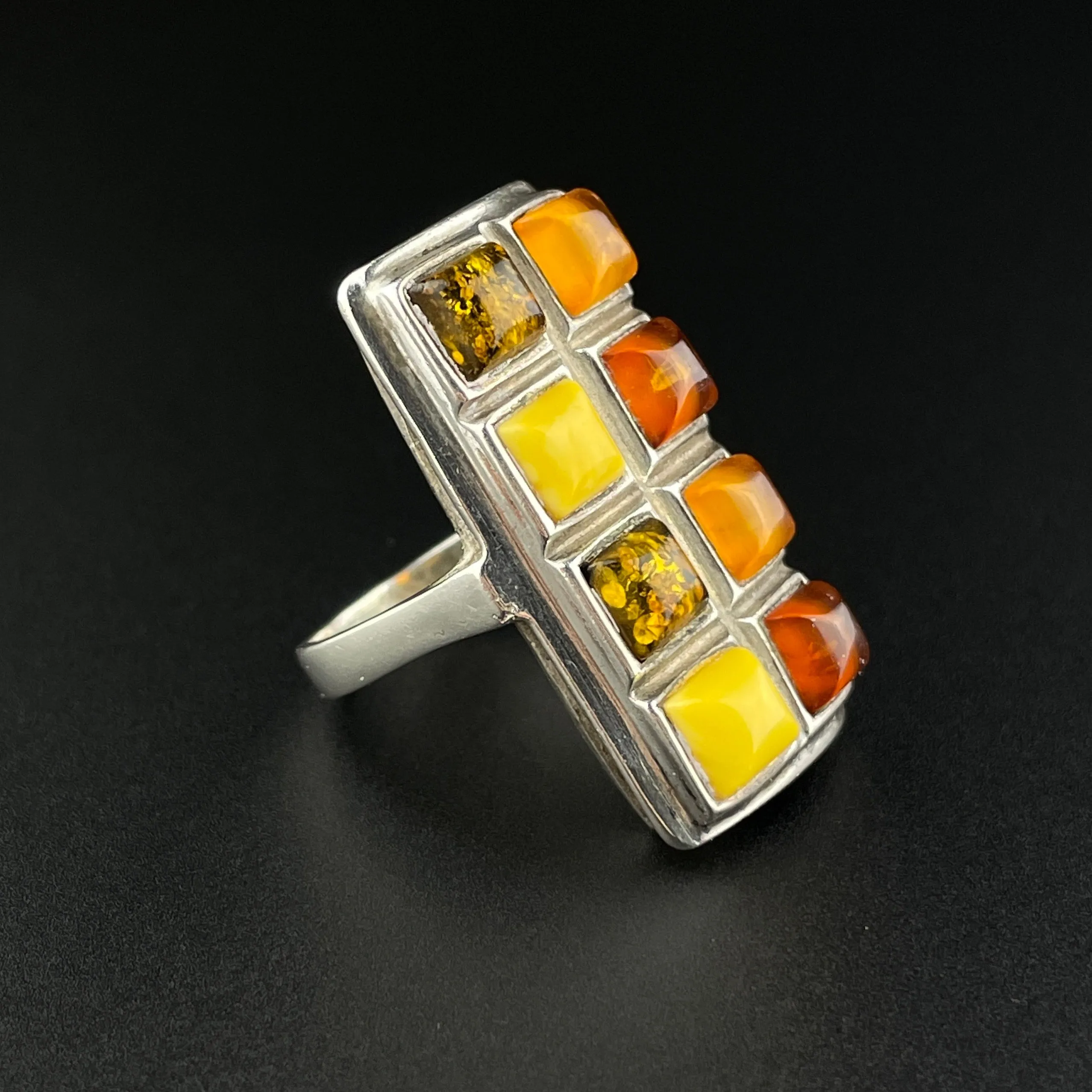 Vintage Silver Baltic Butterscotch Amber Statement Ring, Sz 5 3/4