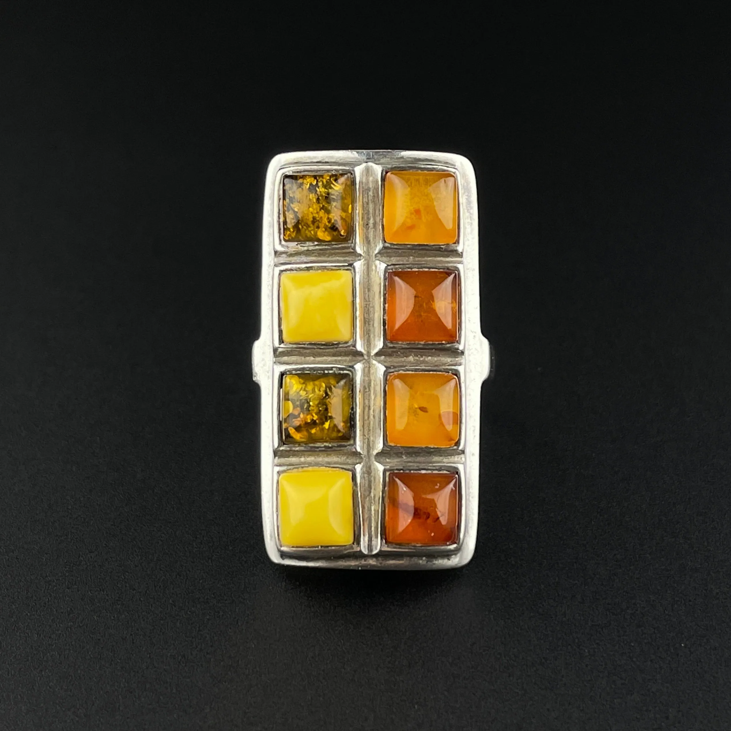 Vintage Silver Baltic Butterscotch Amber Statement Ring, Sz 5 3/4