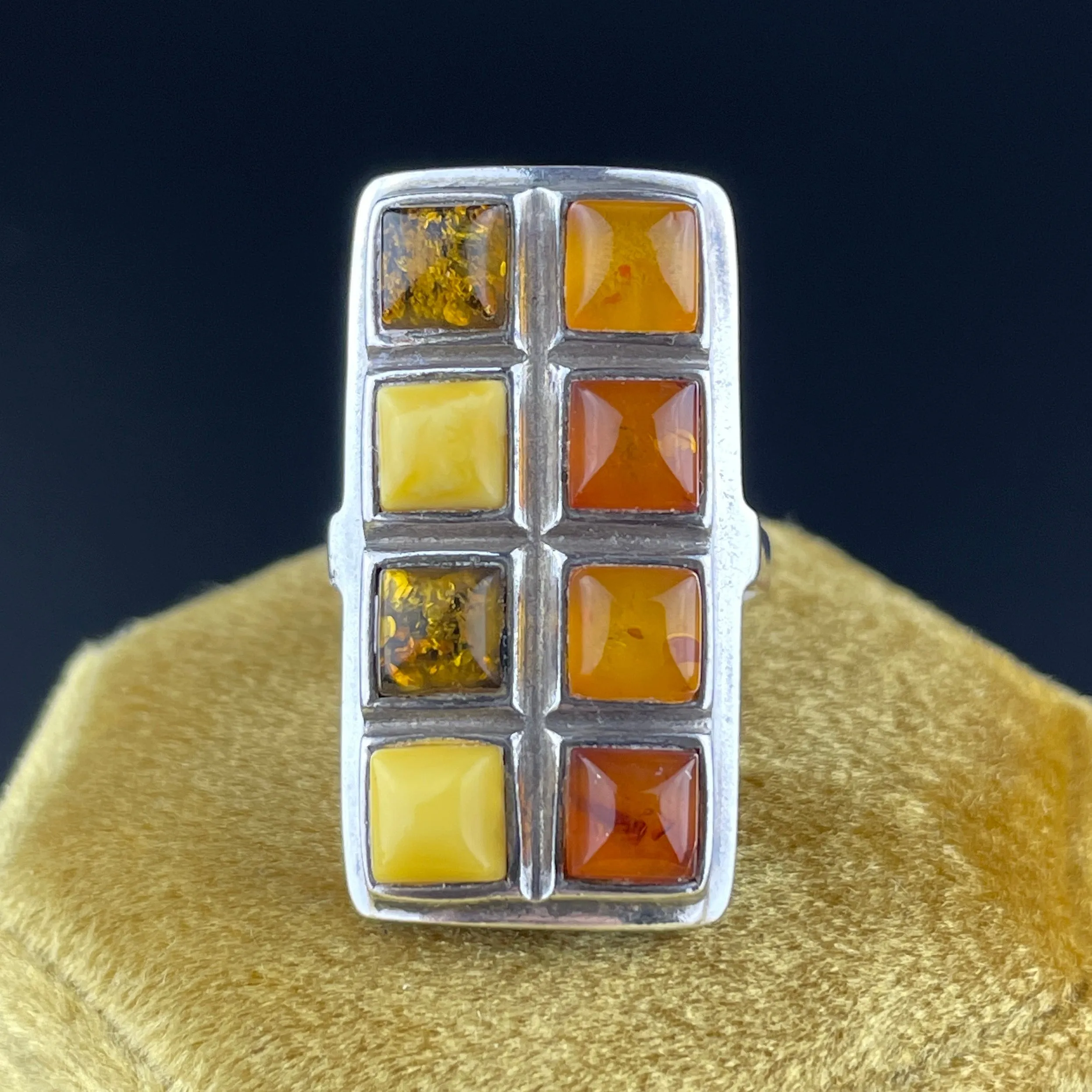 Vintage Silver Baltic Butterscotch Amber Statement Ring, Sz 5 3/4