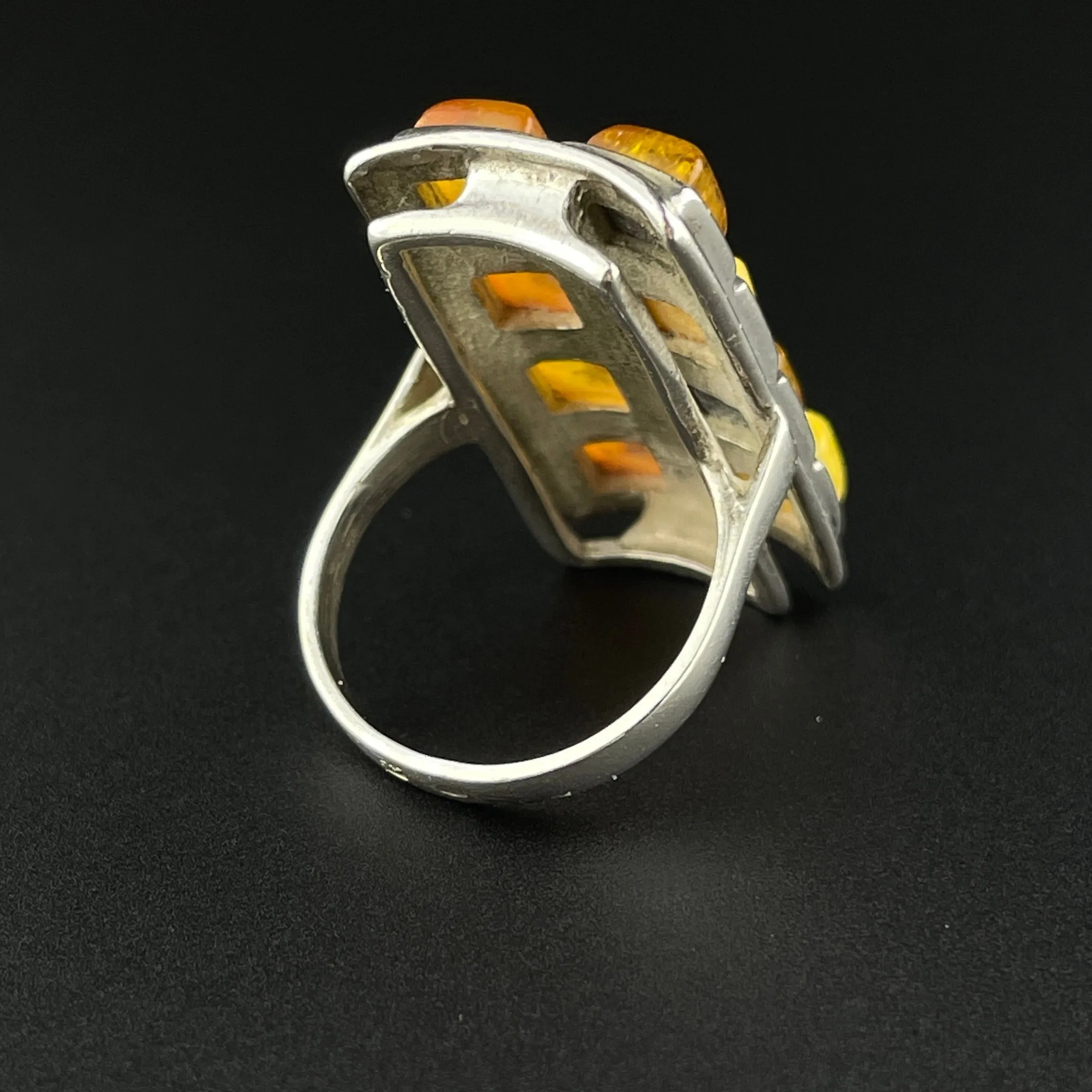 Vintage Silver Baltic Butterscotch Amber Statement Ring, Sz 5 3/4
