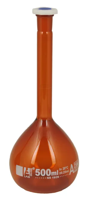 Volumetric Flask, 500ml - Class A - 19/26 Polypropylene Stopper, Borosilicate Glass, Amber - White Graduation Mark, Tolerance ±0.250 ml - Eisco Labs